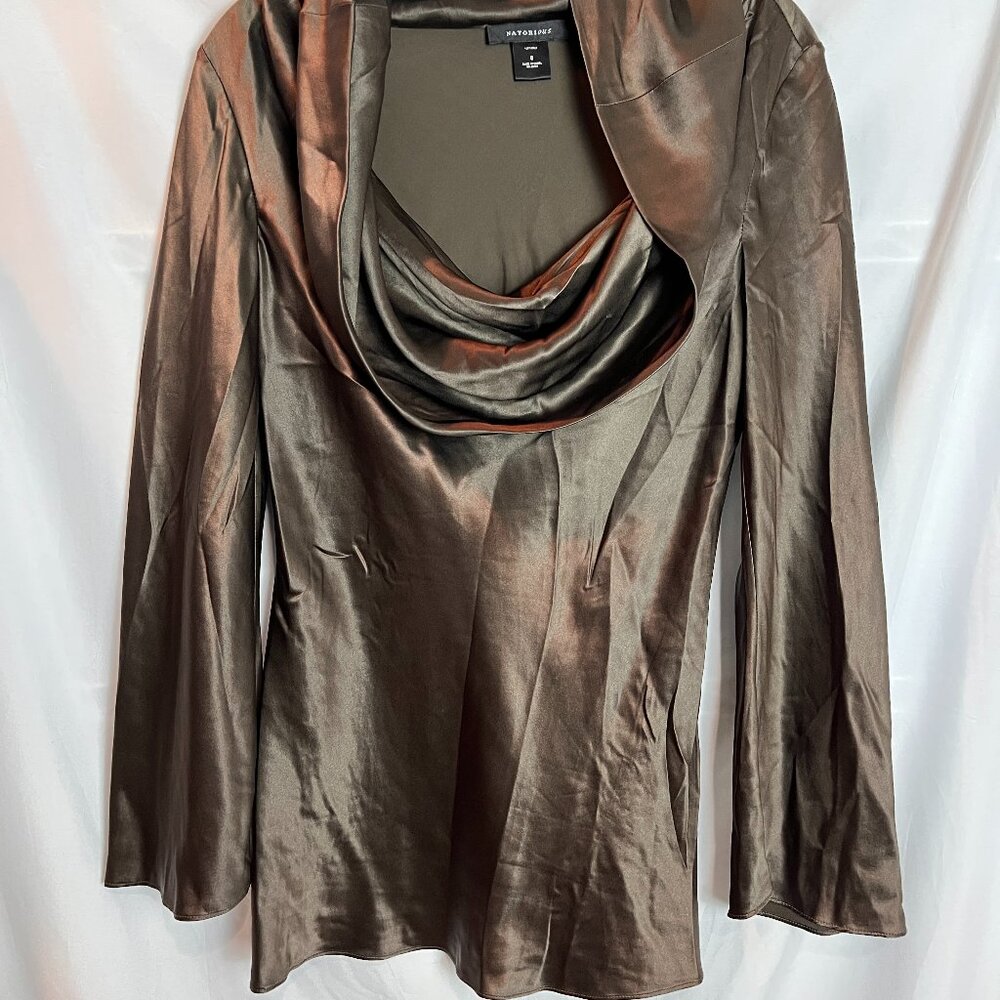Women's Brown 100% silk Natorious cowl neck blouse Size S